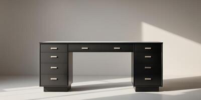 A large black desk with three drawers on each sideA large black desk with three drawers on each side. photo