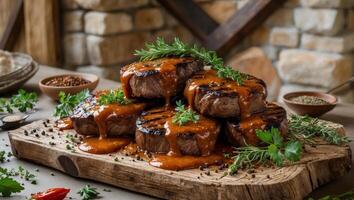 Succulent Grilled Meat Steaks Glazed with Rich Sauce Displayed on Wooden Cutting Board Surrounded by Fresh Herbs and Spices in Rustic Setting photo