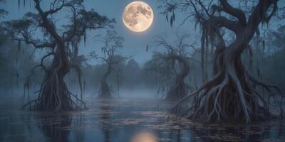 Enigmatic moonlit swamp with glowing waters and spiraling ghostly trees unveils nature s mysteryEnigmatic moonlit swamp with glowing waters and spiraling ghostly trees unveils nature s mystery. photo