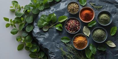 Colorful Collection of Spices and Herbs in Bowls on Dark Stone Surface with Green LeavesColorful Collection of Spices and Herbs in Bowls on Dark Stone Surface with Green Leaves. photo
