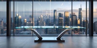 Elegant Glass Table with Stunning City Skyline Backdrop for Product Display or Corporate Presentation photo