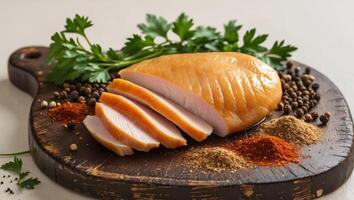 Close up view of chicken and spices on wooden cutting boardClose up view of chicken and spices on wooden cutting board. photo