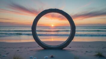 Sunset brilliance viewed through a circular frame on a serene beach at twilight highlighting vibrant colors and gentle waves photo