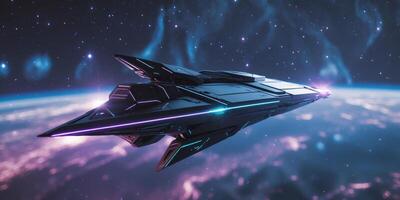Futuristic Spaceship in Cosmic Scene with Earth and Stars in Cyberpunk StyleFuturistic Spaceship in Cosmic Scene with Earth and Stars in Cyberpunk Style. photo