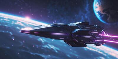 Futuristic Spaceship in Cosmic Scene with Earth and Stars in Cyberpunk Style photo