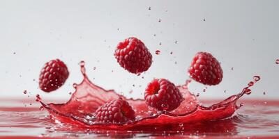 Raspberries splashing in vibrant red waterRaspberries splashing in vibrant red water. photo