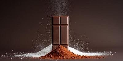 chocolate bar with white powder and cocoa powder on dark backgroundchocolate bar with white powder and cocoa powder on dark background. photo