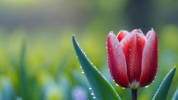 red tulip with dew drops on green blurred background of spring gardenred tulip with dew drops on green blurred background of spring garden. photo