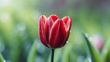 red tulip with dew drops on green blurred background of spring garden photo