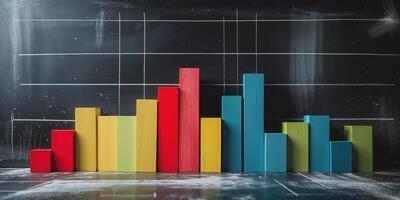Colorful wooden blocks arranged in bar graph on blackboard surfaceColorful wooden blocks arranged in bar graph on blackboard surface. photo