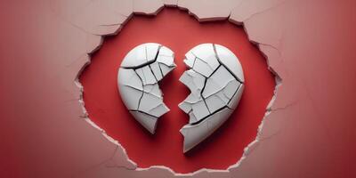 White broken heart symbolizing lost love on a vibrant red backgroundWhite broken heart symbolizing lost love on a vibrant red background. photo