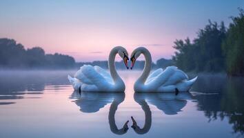 Enchanting reflection of swans forming heart in serene twilight lake photo