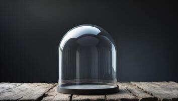 Empty glass dome on rustic wooden surface with dark background photo