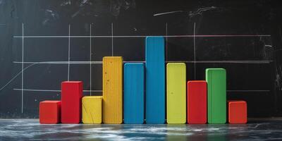 Colorful wooden blocks arranged in bar graph on blackboard surface photo