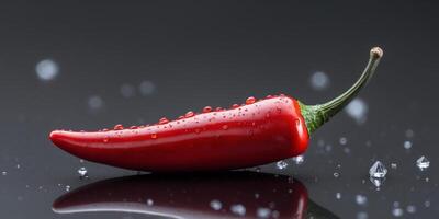 single red chili pepper resting on a glossy black surface with water droplets for a sleek photo