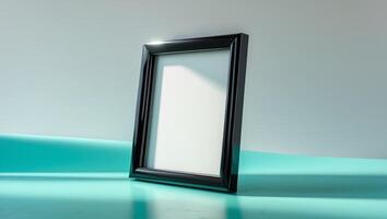pulcro negro marco con blanco lona dentro en pie en suave turquesa superficies lisas negro marco con blanco lona dentro en pie en suave turquesa superficie. foto