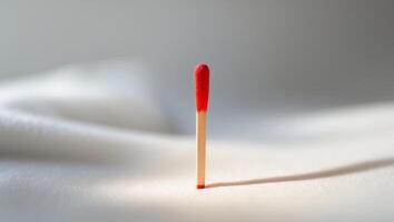 Single safety matchstick with a vibrant red tip resting on a light surface photo