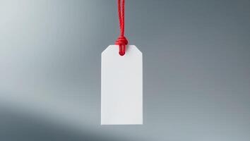 Blank White Tag with Red String on Gray BackgroundBlank White Tag with Red String on Gray Background. photo