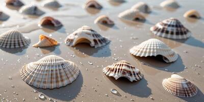 Textured sea shells on wet sand with reflectionsTextured sea shells on wet sand with reflections. photo