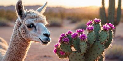 Llama smelling blooming cactus flowers in the desert at sunsetLlama smelling blooming cactus flowers in the desert at sunset. photo