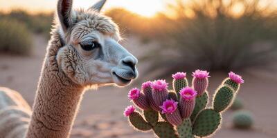 Llama smelling blooming cactus flowers in the desert at sunset photo