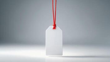 Blank White Tag with Red String on Gray Background photo