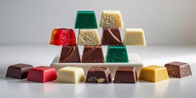 Assorted gourmet chocolate squares in vibrant colors and texturesAssorted gourmet chocolate squares in vibrant colors and textures. photo