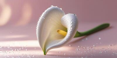 Elegant white calla lily blossom with dewdrops on soft pink background at morning light photo