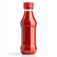 Bright red bottle filled with tomato sauce stands against a white background in a simple yet appealing arrangement photo