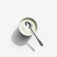 Bowl of creamy yogurt with a silver spoon resting on top illuminated by soft light photo