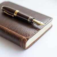 Elegant brown leather notebook and fountain pen on a white surface ready for writing creativity photo