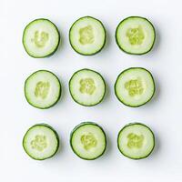 Freshly sliced cucumber arranged in a neat grid pattern on a white background photo