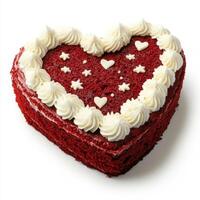 Heart-shaped red velvet cake decorated with cream and small hearts for a special celebration or occasion photo