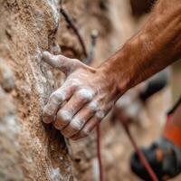 Rock climbing in nature with a close-up of a climber's chalk-covered hand gripping a rocky surface photo