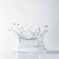 Water splash leaves droplets radiating outward in a serene setting with a soft color background photo