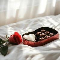 Heart-shaped chocolates and a red rose on a soft bed highlighting romance and affection photo