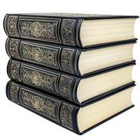 Stack of ornate leather-bound books resting on a surface with intricate designs photo