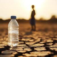 Dehydration crisis highlighted by water bottle on cracked earth with a child in the background at sunset photo