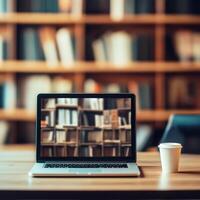 Desk with laptop and coffee cup against a backdrop of bookshelves in a cozy study environment photo