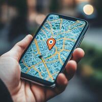 Finding directions using a smartphone map app in an urban setting during the evening hours photo