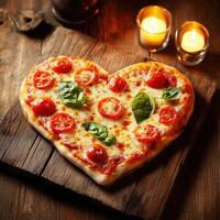 Heart-shaped pizza topped with fresh tomatoes and basil served on a rustic wooden board with candles photo