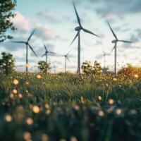 Wind turbines stand tall in a vibrant field during golden hour with a backdrop of soft clouds photo