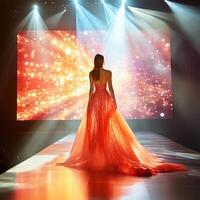 Fashion model showcases stunning red gown on illuminated runway during vibrant fashion show event photo