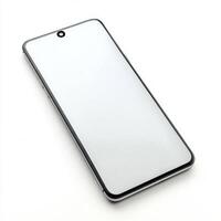 Smartphone with a blank screen resting on a white surface, showcasing its minimalist design and modern technology photo