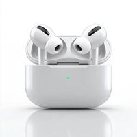 Wireless earbuds charging in their case with visible lights indicating battery status photo
