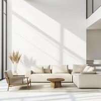 Modern living room with neutral tones and natural light highlighting minimalist design elements photo