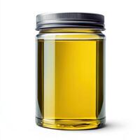 High-quality olive oil in a glass jar placed against a neutral background for culinary use and inspiration photo