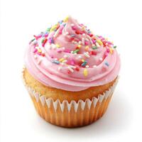 Colorful cupcake with pink frosting and sprinkles sitting on a white background photo