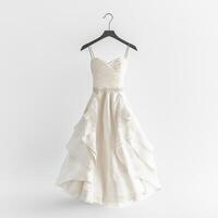 Elegant white dress hanging on a black hanger in a minimalistic light studio setting photo