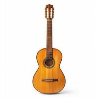 Classic wooden guitar with intricate craftsmanship displayed against a plain background photo